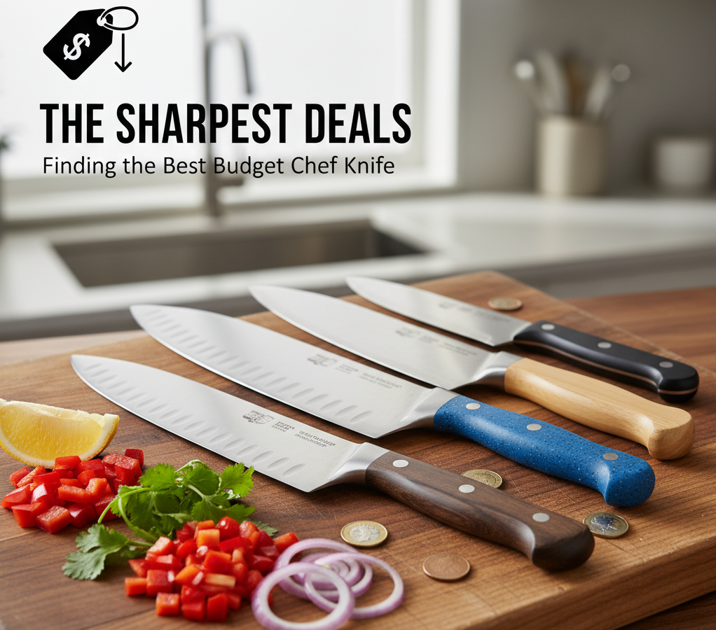 A collection of high-quality chef knives on a wooden cutting board.