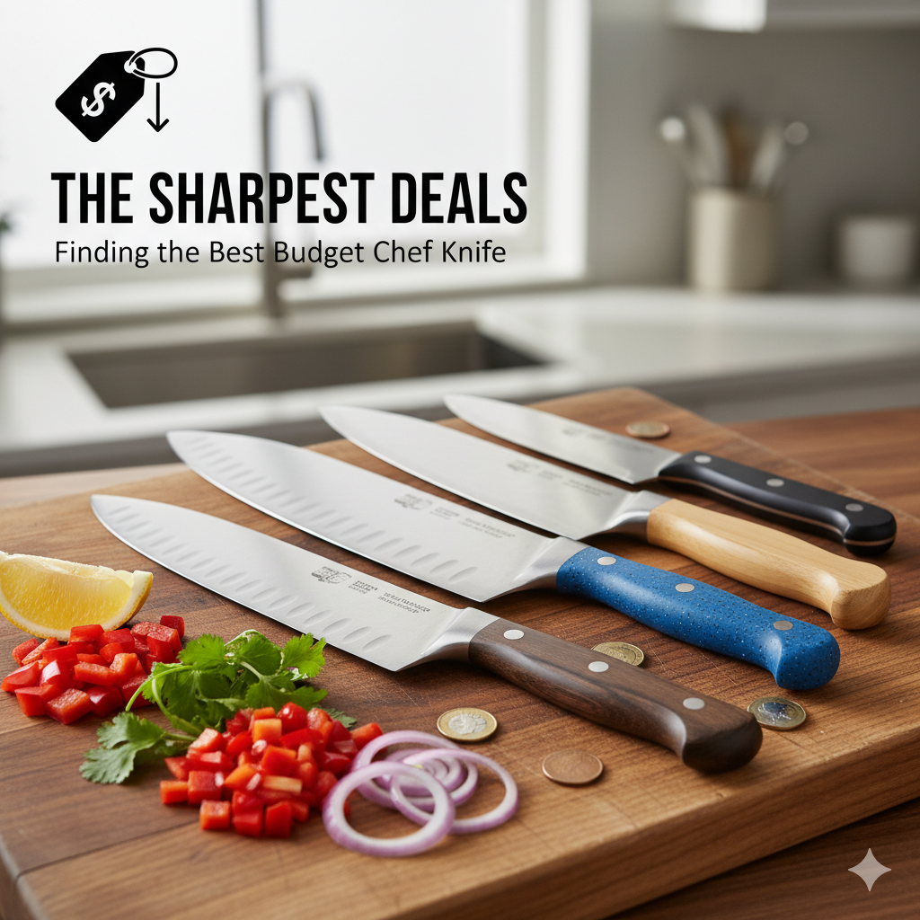 A collection of high-quality chef knives on a wooden cutting board.