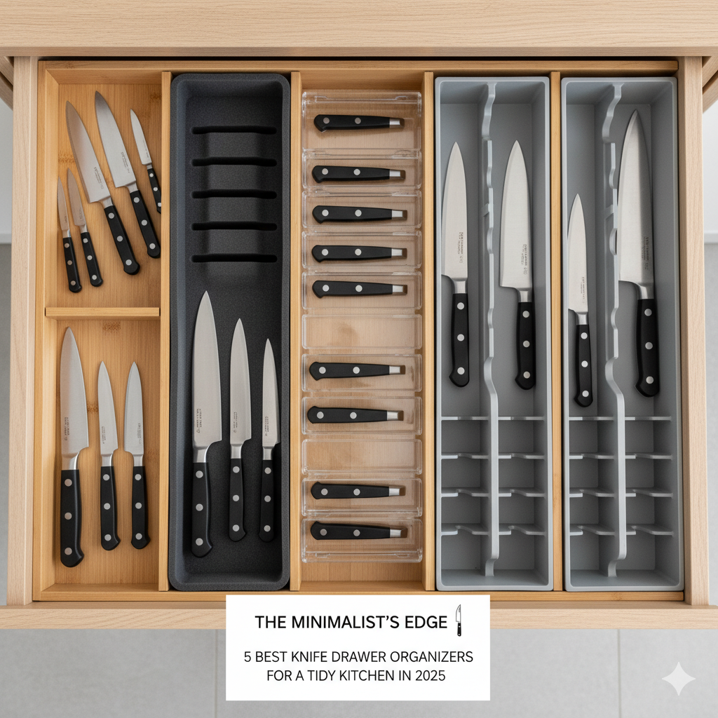 A perfectly organized kitchen drawer with a bamboo knife insert, showing knives neatly arranged.