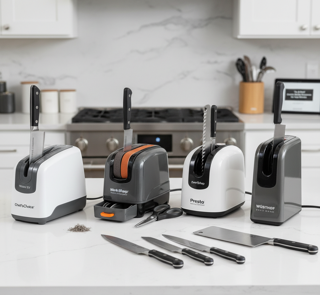 A modern electric knife sharpener sitting on a kitchen counter next to a chef's knife.
