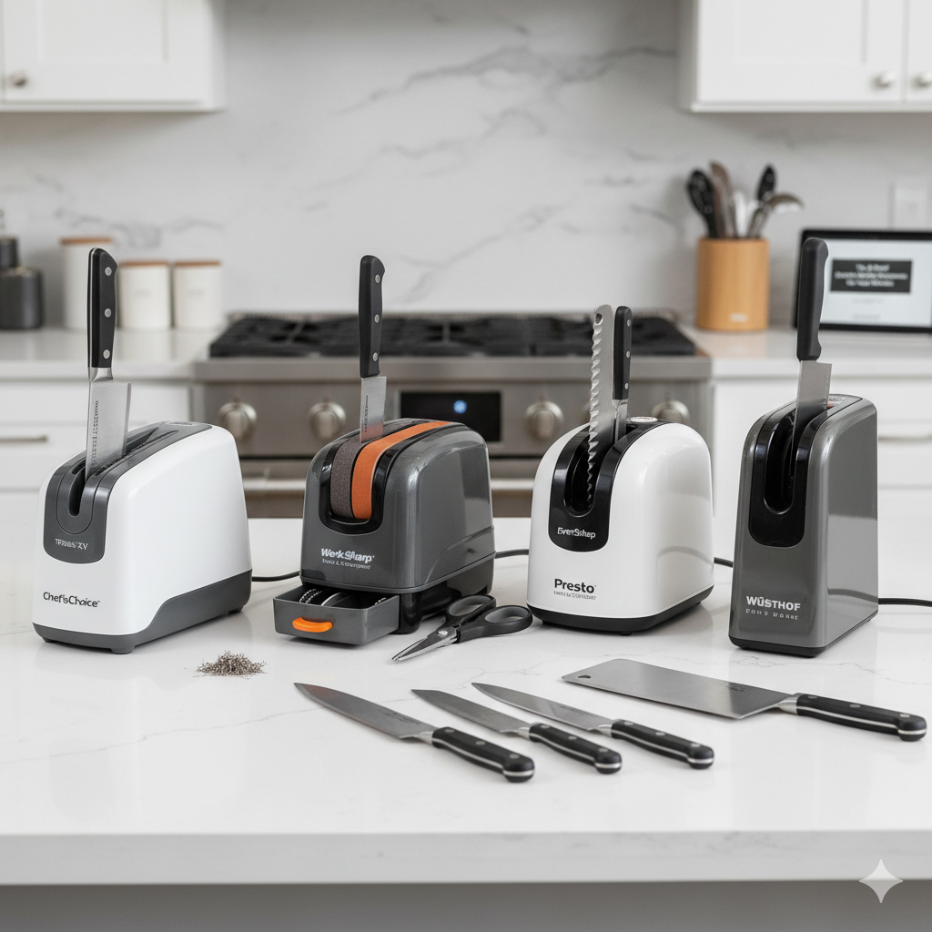 A modern electric knife sharpener sitting on a kitchen counter next to a chef's knife.