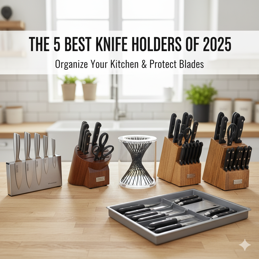 A beautifully organized kitchen countertop featuring a modern magnetic knife holder.
