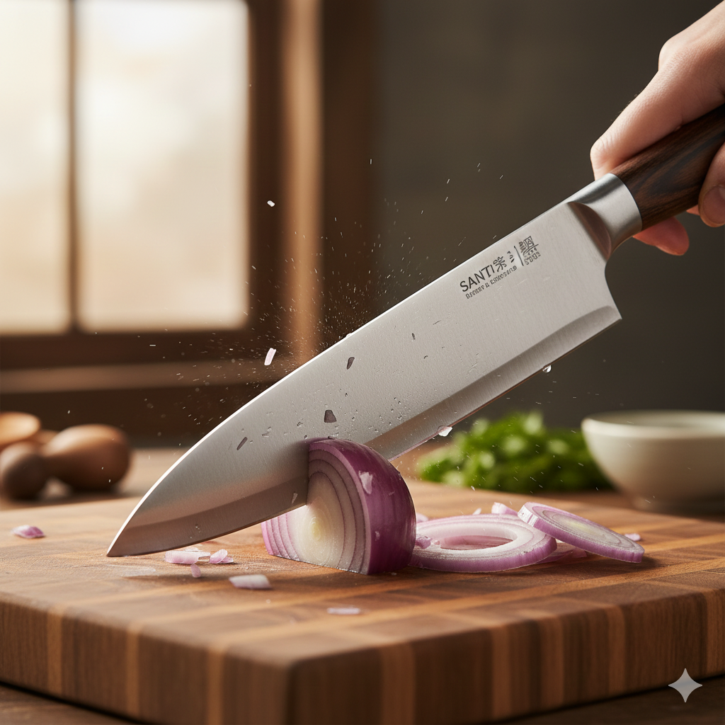 Close up of a Santoku knife blade chopping onions with Granton edge