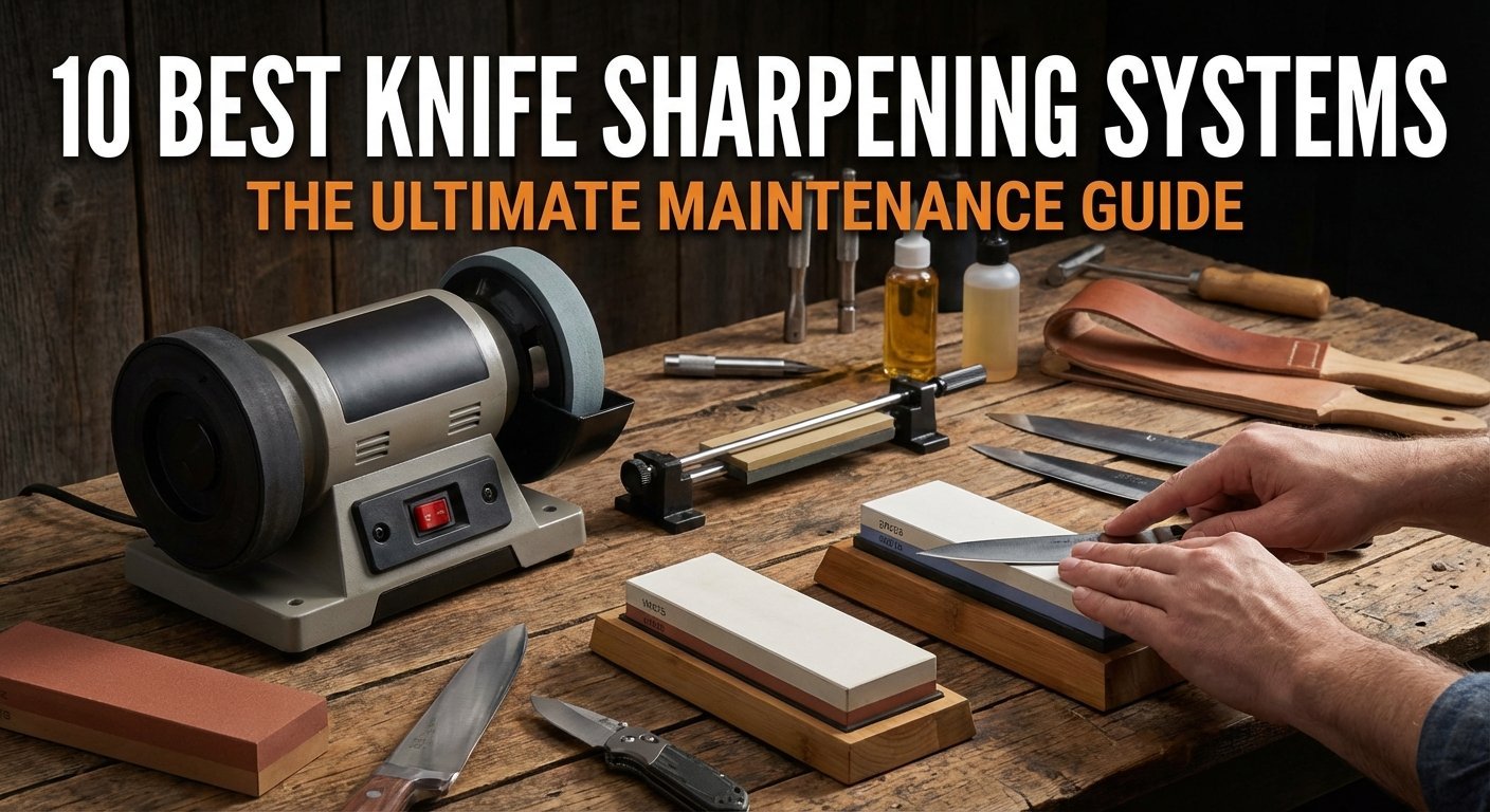 Various knife sharpening systems on a workbench