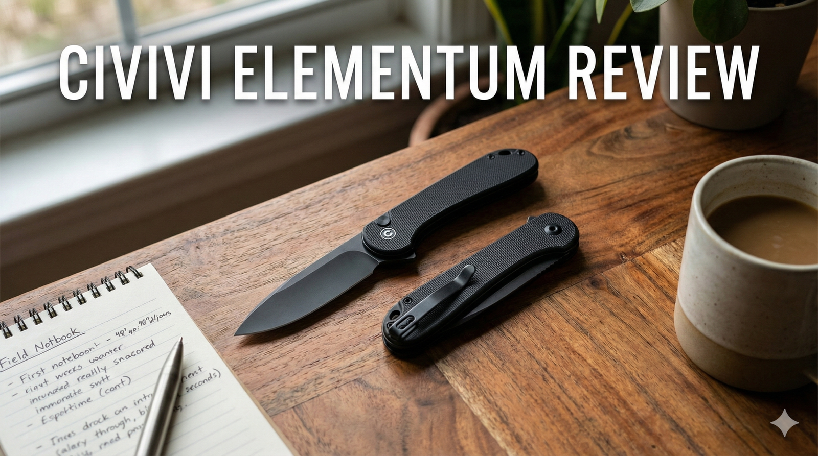Civivi Elementum G10 Flipper Knife on Wooden Table