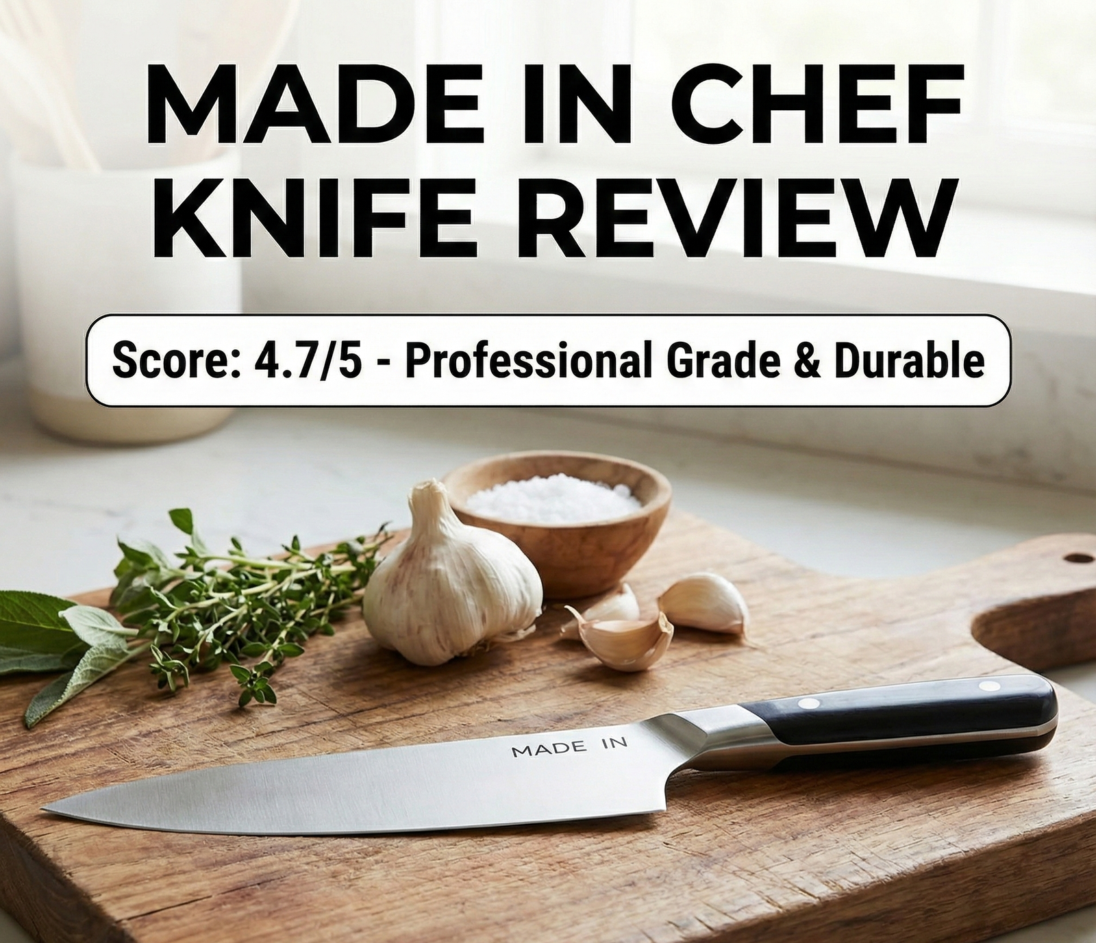 Made In 8 Inch Chef Knife on a wooden cutting board with sliced vegetables