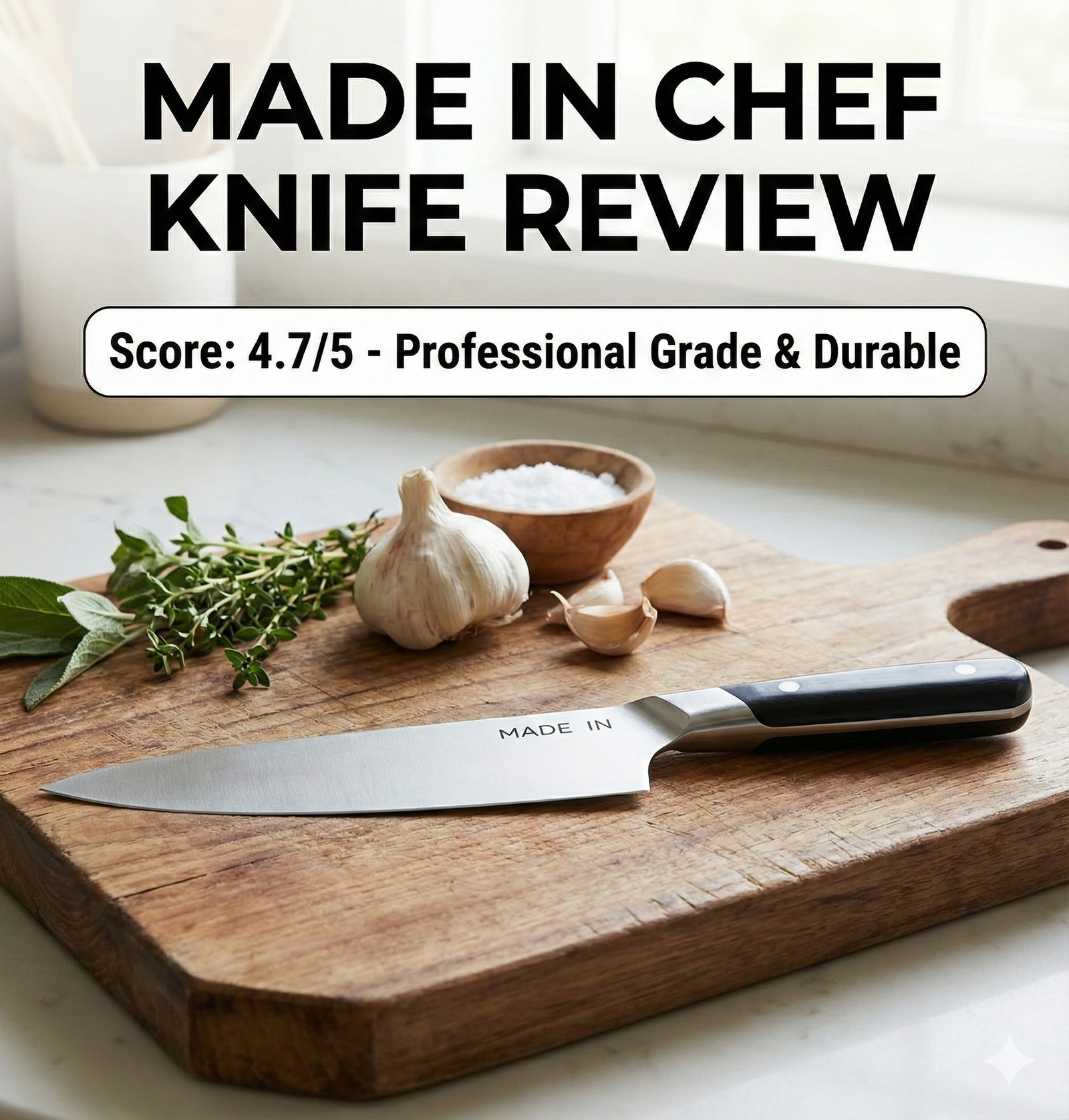 Made In 8 Inch Chef Knife on a wooden cutting board with sliced vegetables
