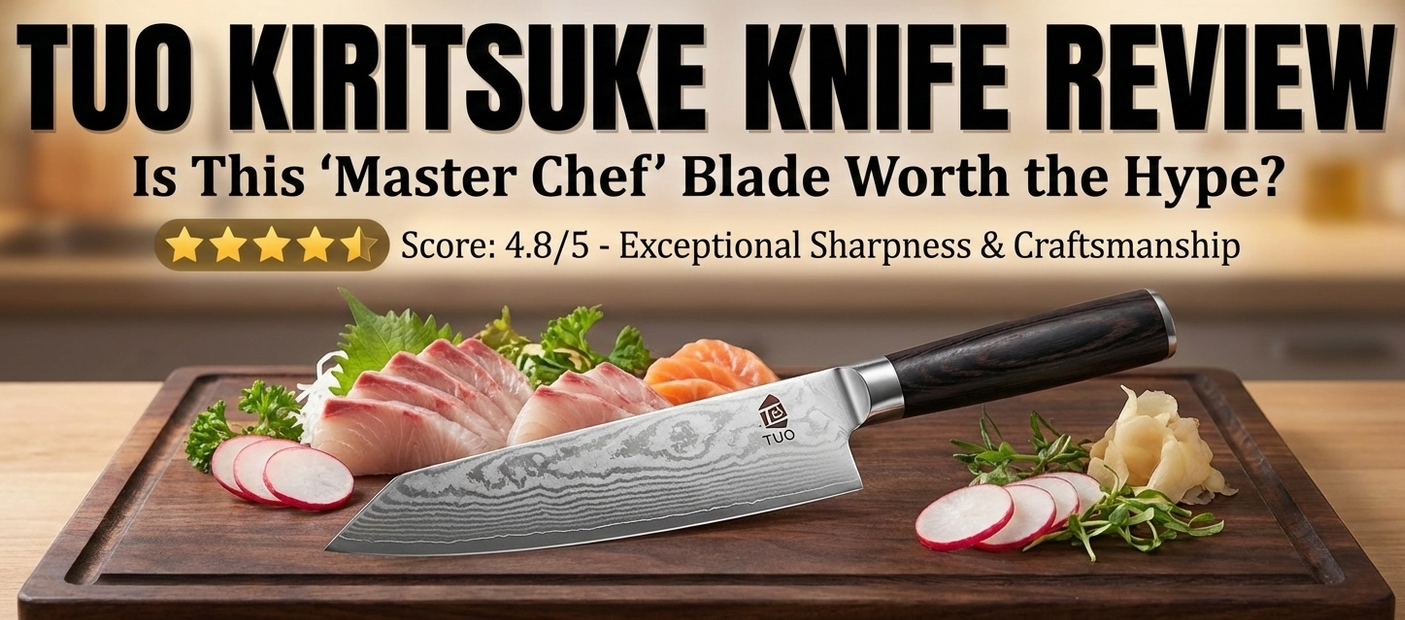 TUO Kiritsuke Knife Black Hawk Series on a cutting board