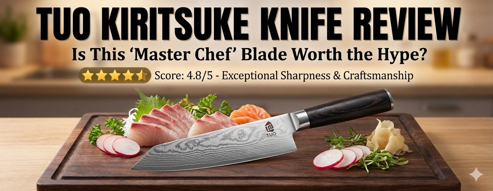 TUO Kiritsuke Knife Black Hawk Series on a cutting board