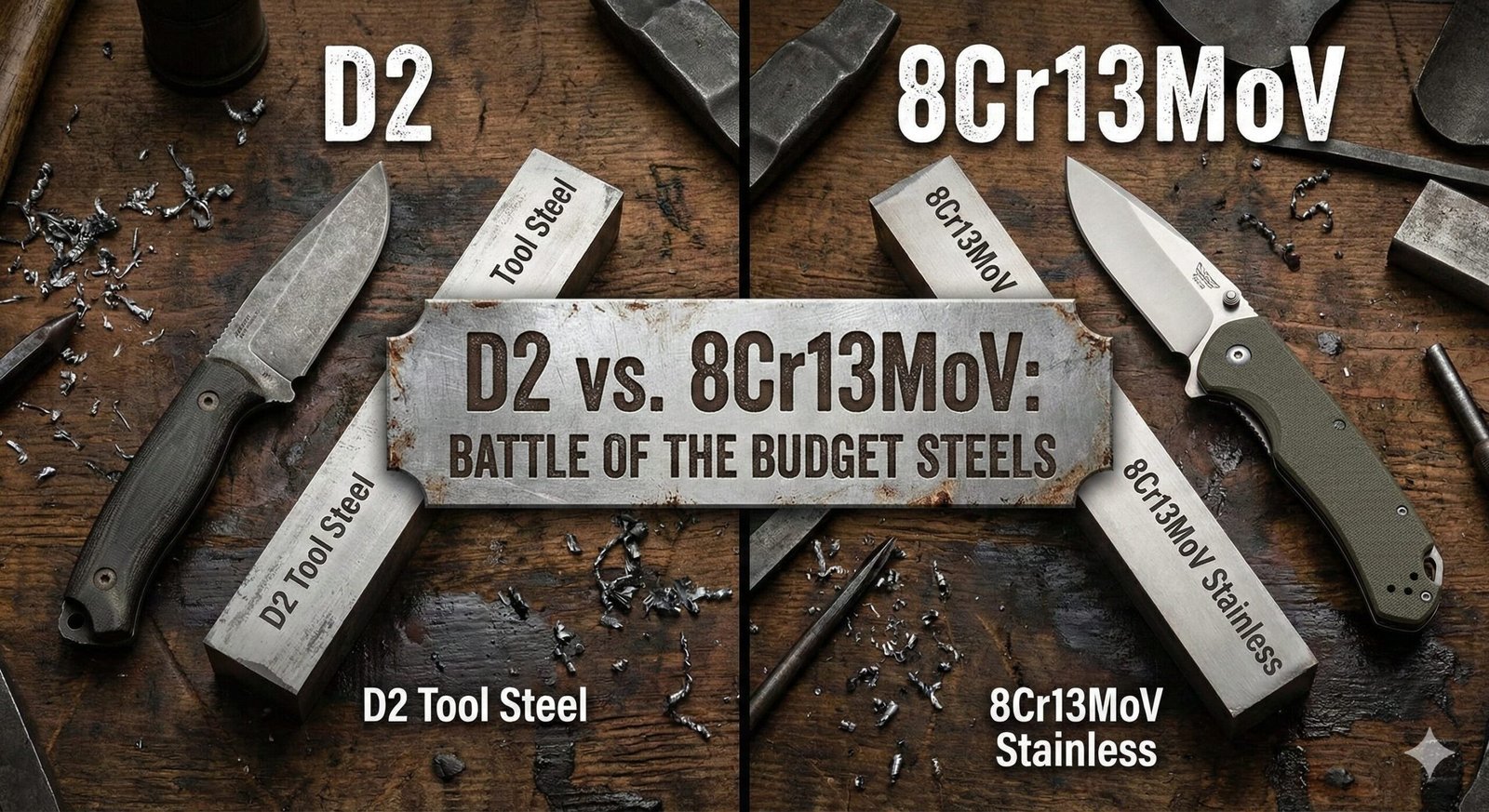 Work knife on wooden table comparing steels