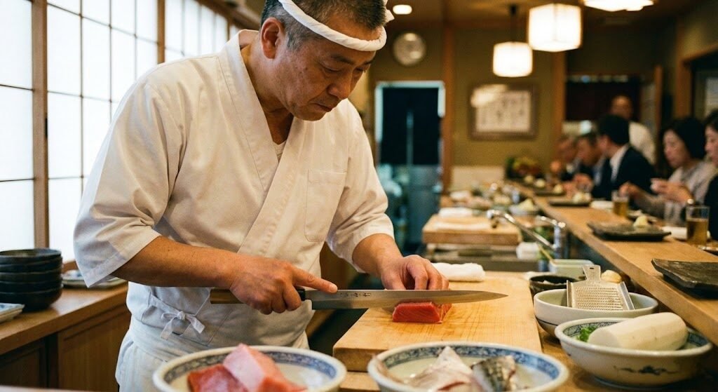 Sushi chef slicing raw fish with a traditional Japanese knife
