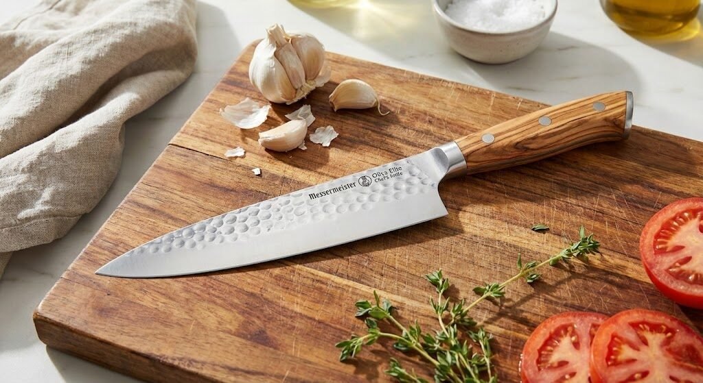 Beautiful Messermeister chef knife resting on a wooden cutting board