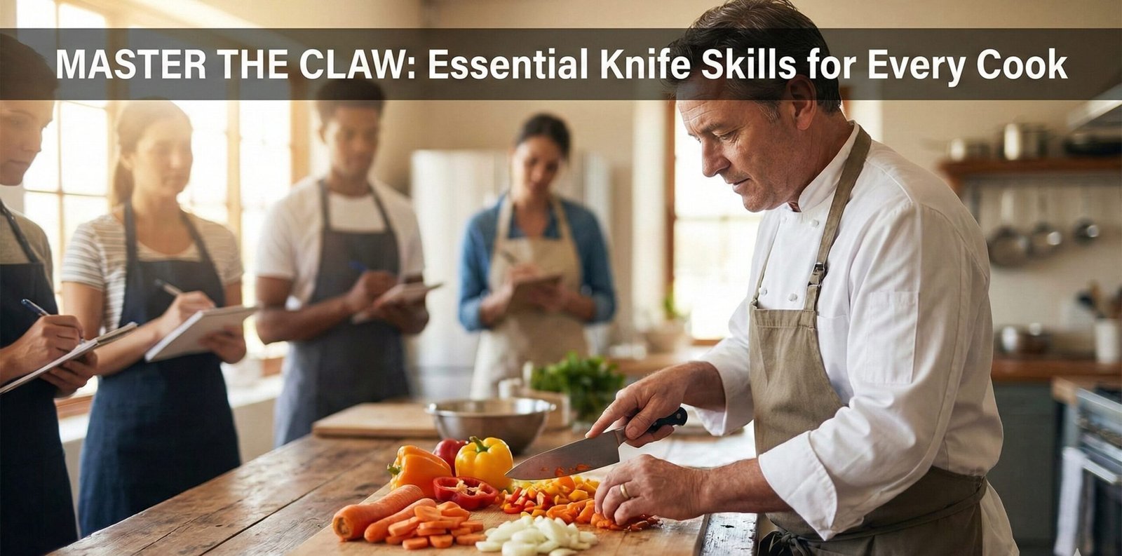 Professional chef demonstrating proper knife technique with vegetables