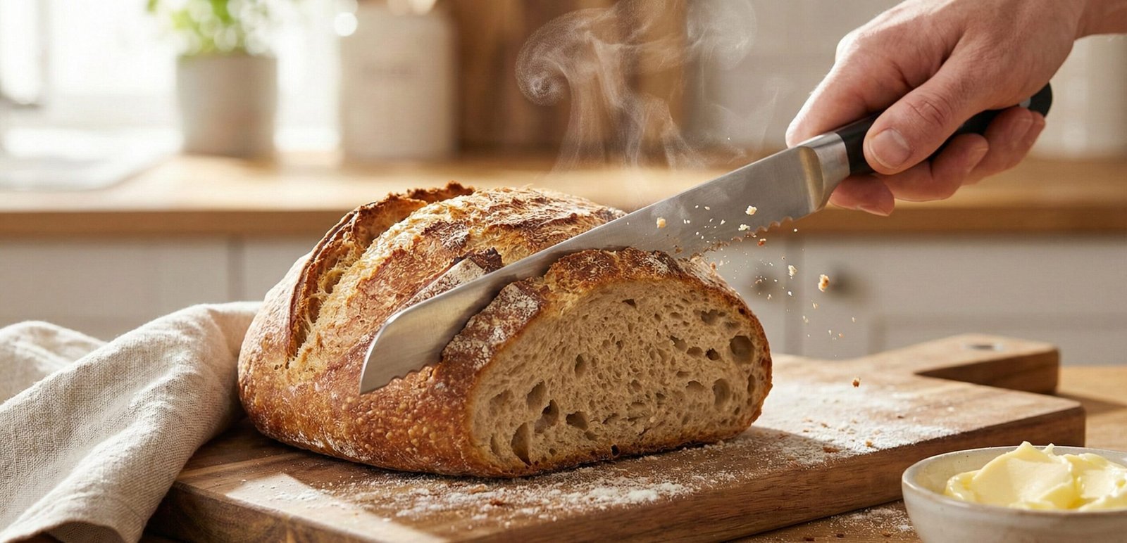 Freshly baked bread being sliced with a serrated bread knife