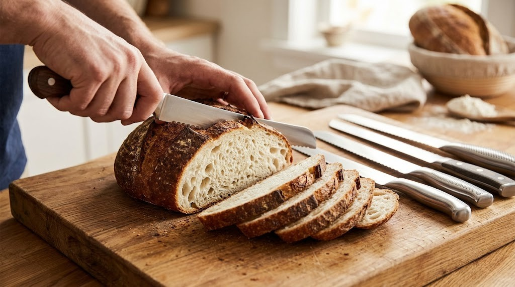 A perfectly sliced loaf of artisan sourdough bread next to a serrated bread knife.