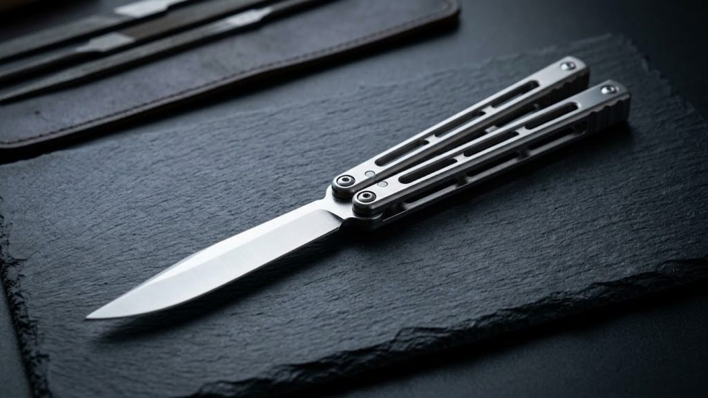 Butterfly knife (balisong) resting on a dark surface