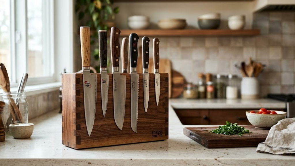 Handmade wooden knife block on a kitchen countertop with chef knives