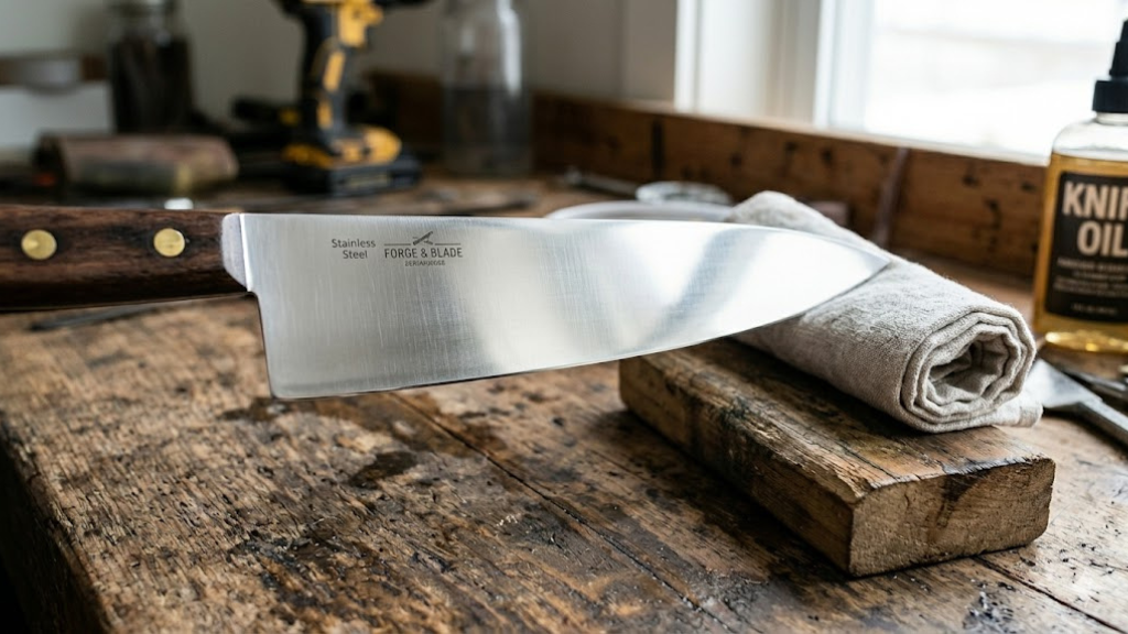 Stainless steel knife blade close-up showing polished surface and edge