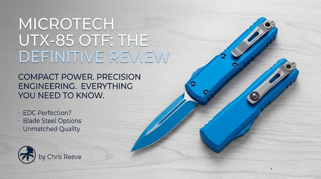 Microtech UTX-85 OTF knife closeup showing CNC-machined aluminum handle and trigger mechanism