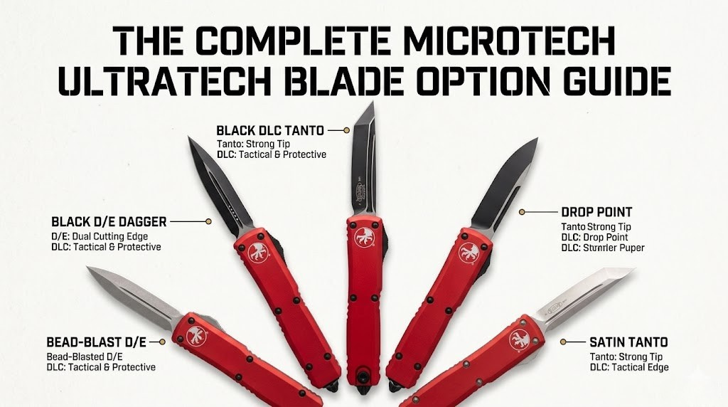 Microtech Ultratech OTF automatic knife laid flat showing blade deployment mechanism and handle detail