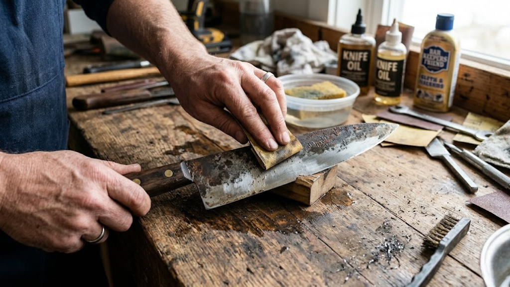 Rusty kitchen knife being cleaned and restored