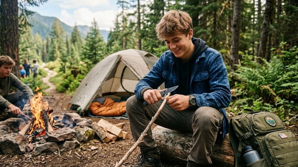 Teen carrying a folding pocket knife responsibly during a camping trip