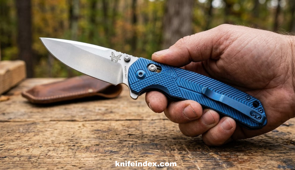 Anodized blue titanium knife handle with milled texture