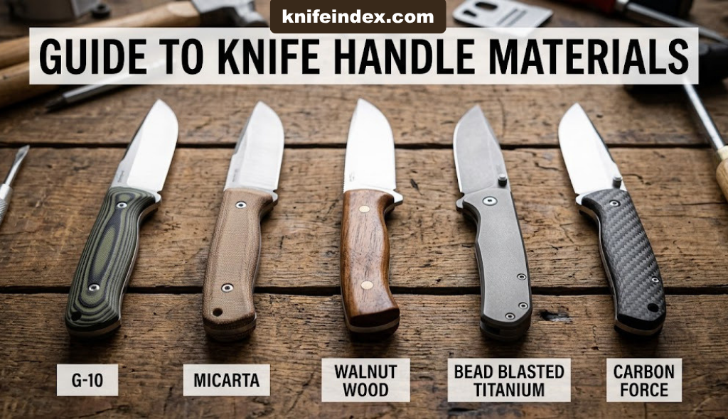 Assorted knife handles made from G-10, Micarta, wood, titanium and carbon fiber laid side by side