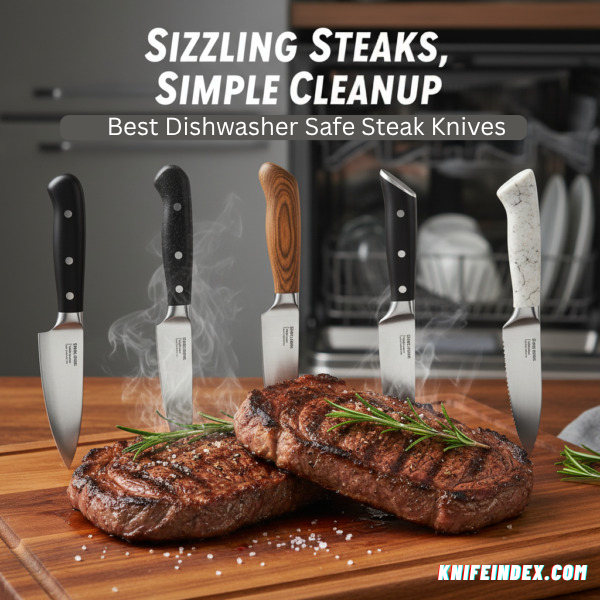 A perfectly cooked, sliced steak on a cutting board next to a sharp steak knife.