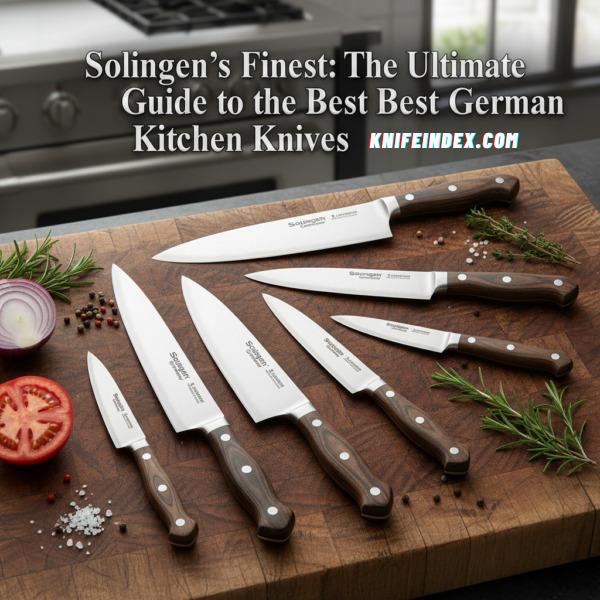 A classic German chef's knife resting on a rustic wooden cutting board.
