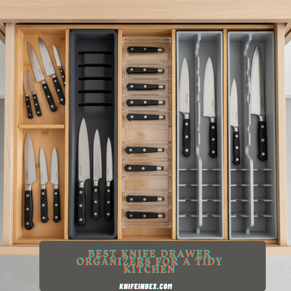 A perfectly organized kitchen drawer with a bamboo knife insert, showing knives neatly arranged.