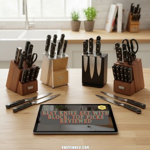 A beautiful wooden knife block set sitting on a clean kitchen counter, ready for use.