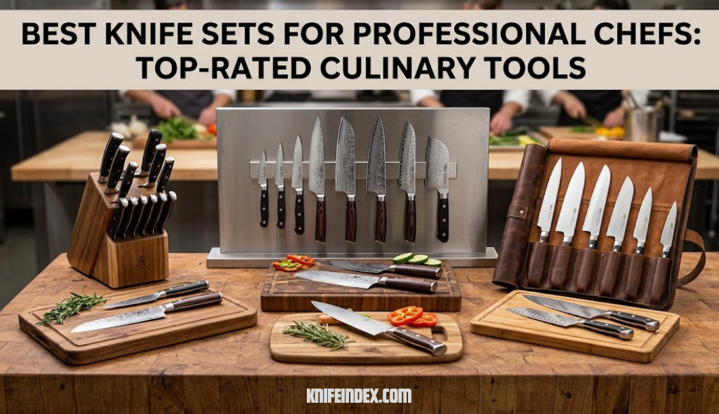 Best knife sets for professional chefs arranged on a wooden counter