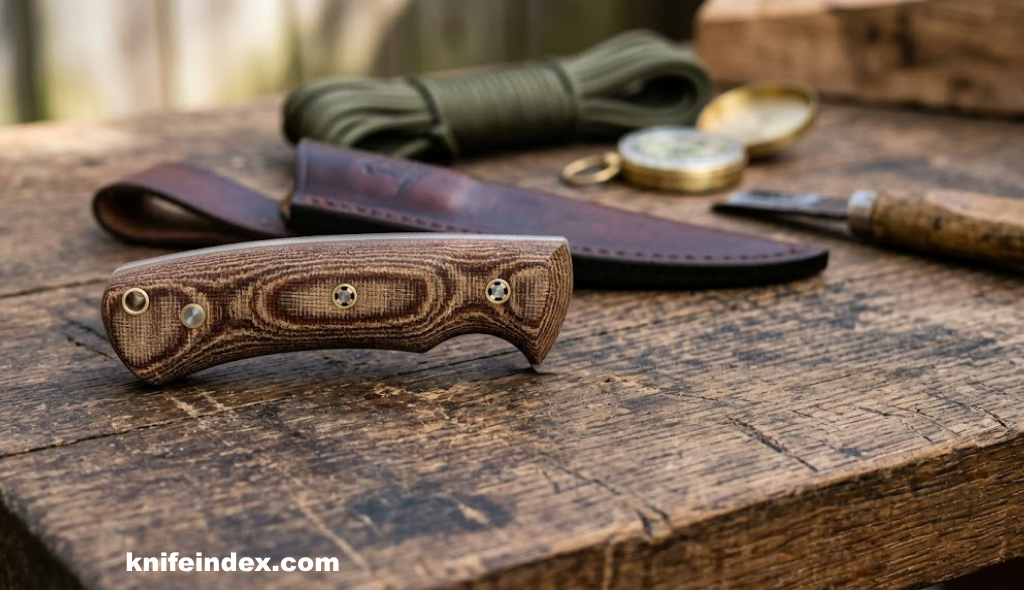 Brown canvas Micarta knife handle with visible layered texture