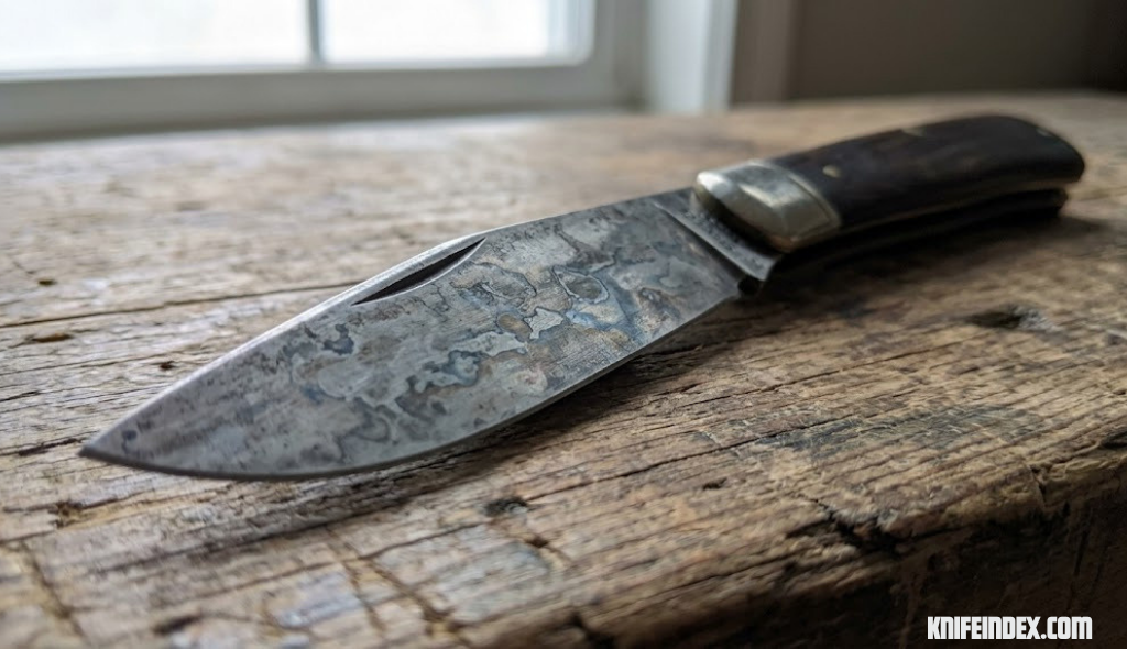 Carbon steel pocket knife blade showing a mottled gray and blue patina