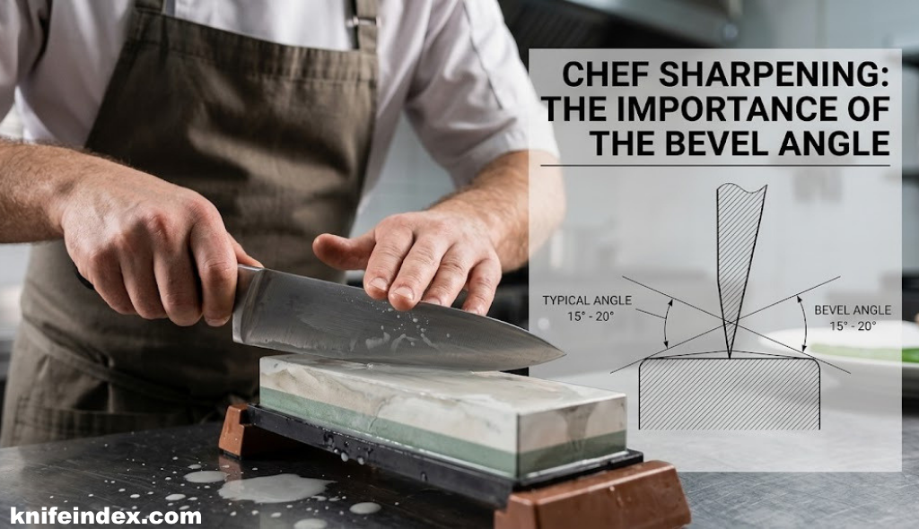 Chef sharpening a knife on a whetstone showing bevel angle