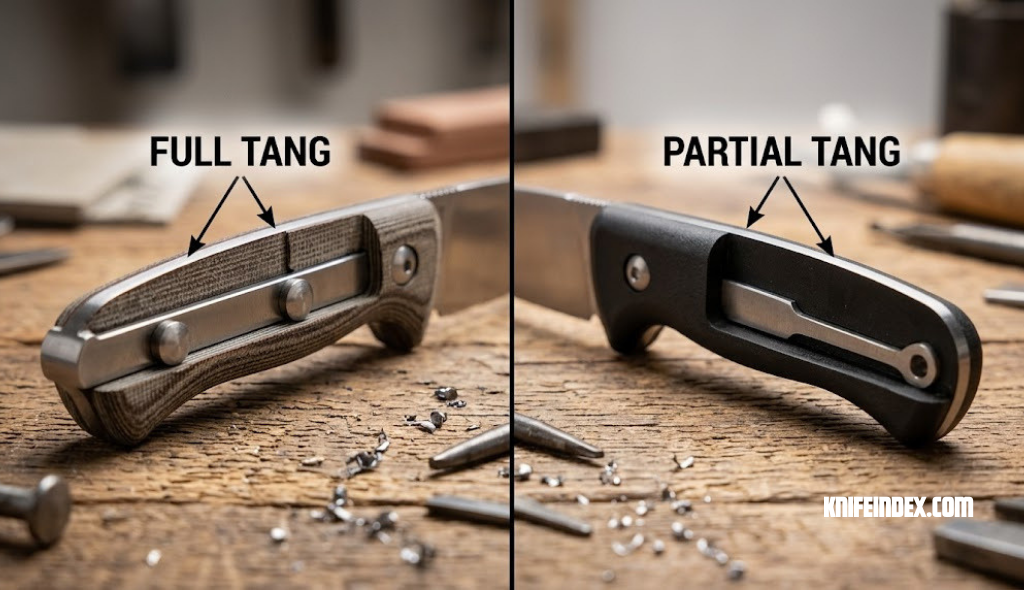 Close up comparison of a full tang knife handle and a partial tang knife handle side by side