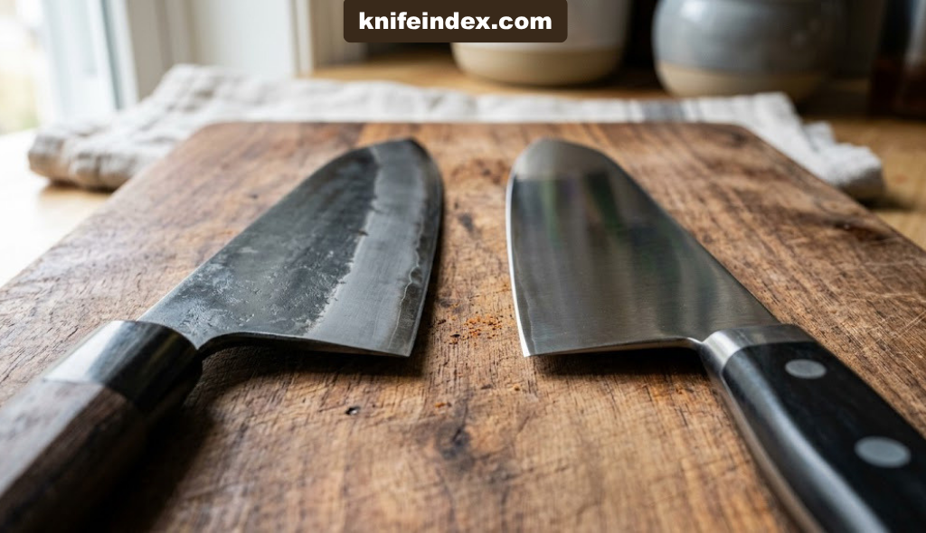 Close up comparison of carbon steel patina versus polished stainless steel edge