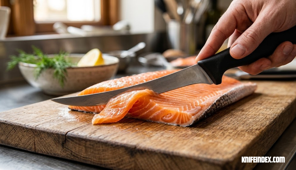 Close up of a flexible fillet knife blade slicing a fish fillet