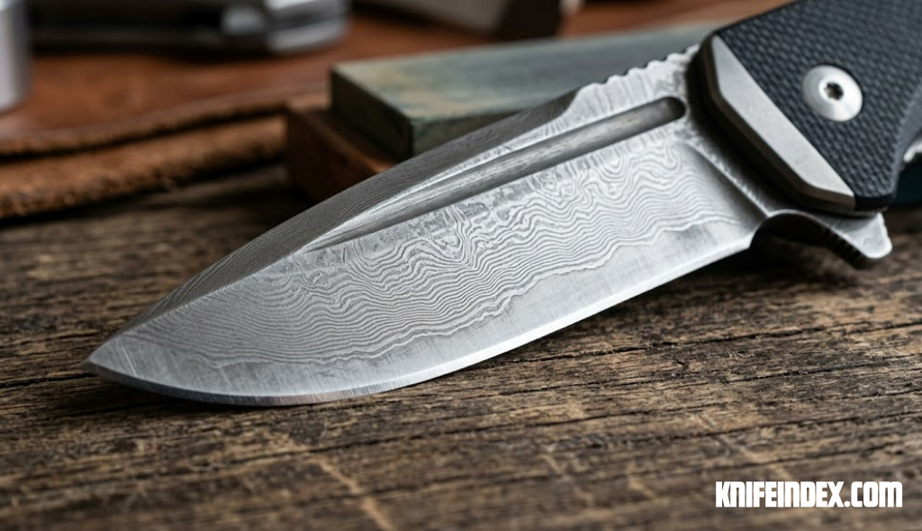 Close-up of a folding knife blade showing steel grain and edge geometry