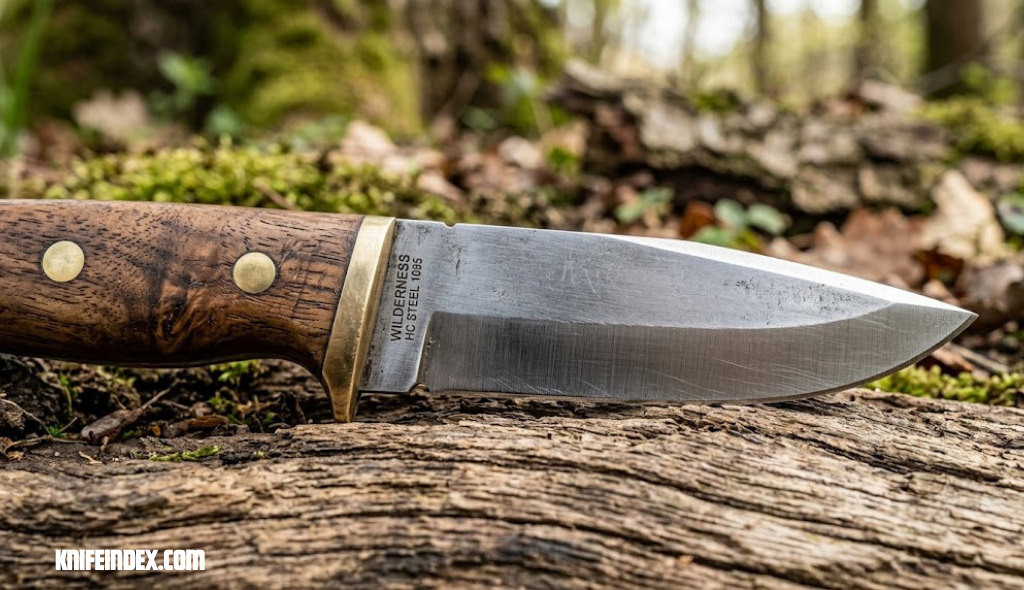 Close up of a hunting knife blade edge and wooden handle