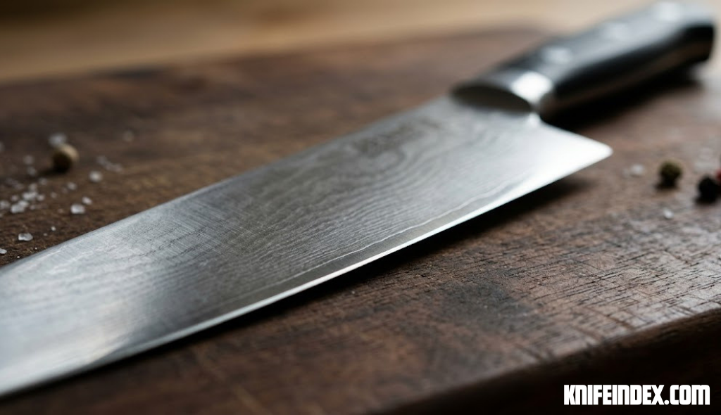 Close-up of a kitchen knife blade edge showing steel grain and hardness