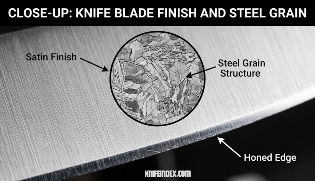 Close up of a knife blade edge showing steel grain and finish