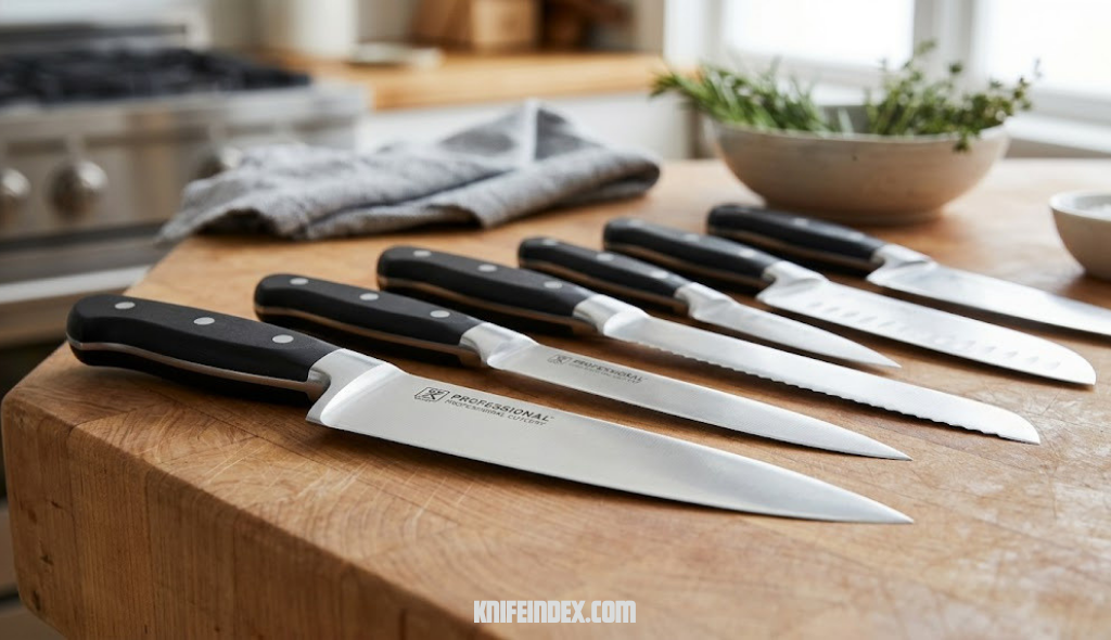 Close-up of a professional chef knife set blade edges and handles