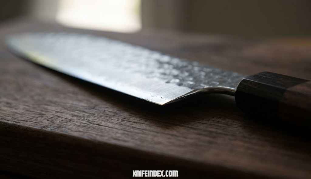 Close-up of a sharp knife blade edge reflecting light