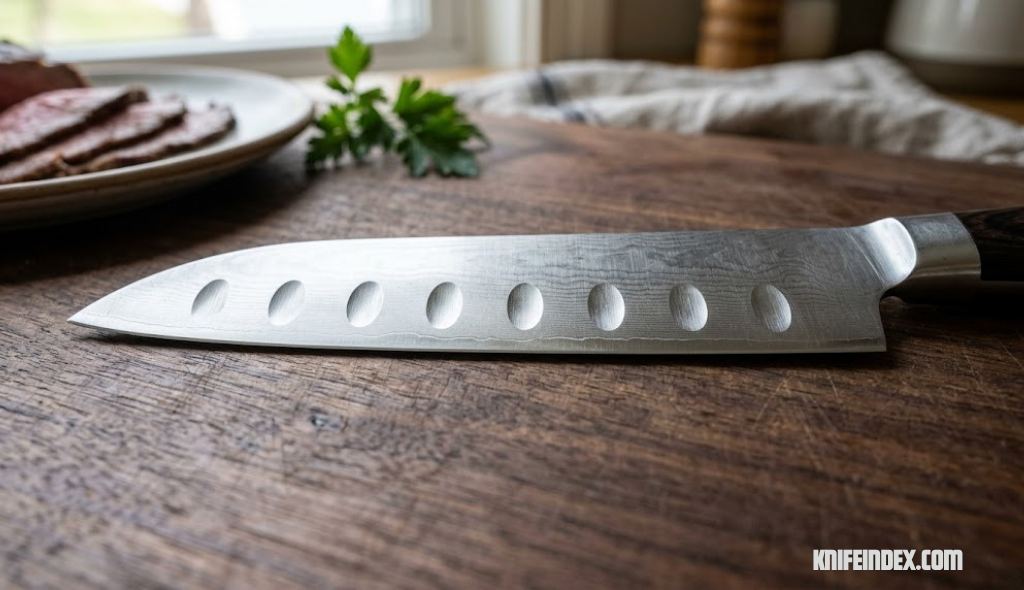 Close up of a slicing knife blade with granton edge dimples