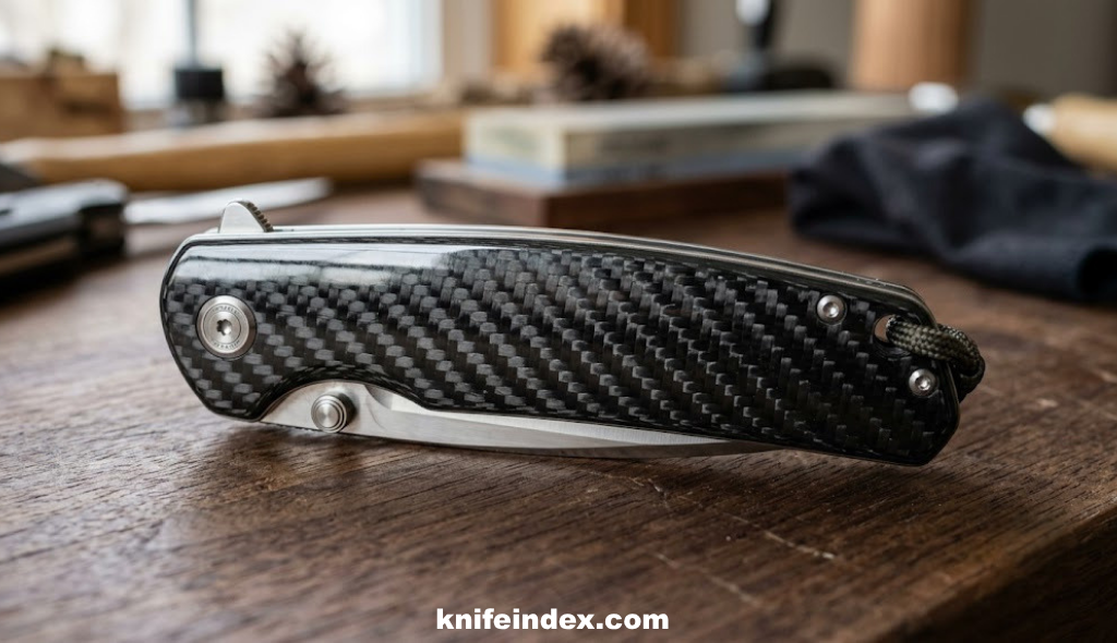 Glossy black carbon fiber knife handle showing woven pattern