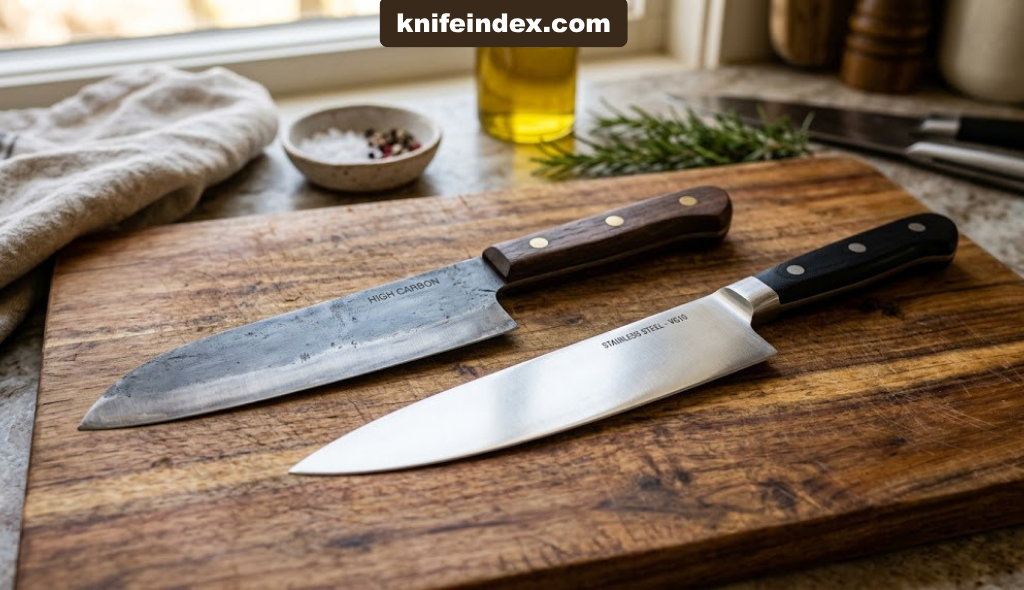 High carbon steel knife blade next to a stainless steel knife blade on a wooden cutting board