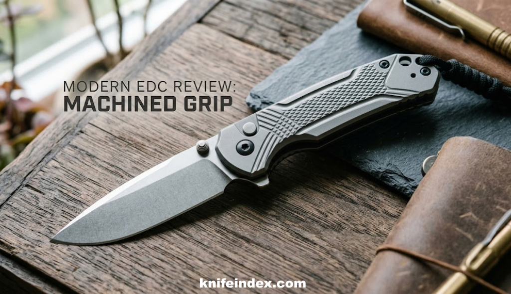 Machined gray aluminum knife handle with grip pattern