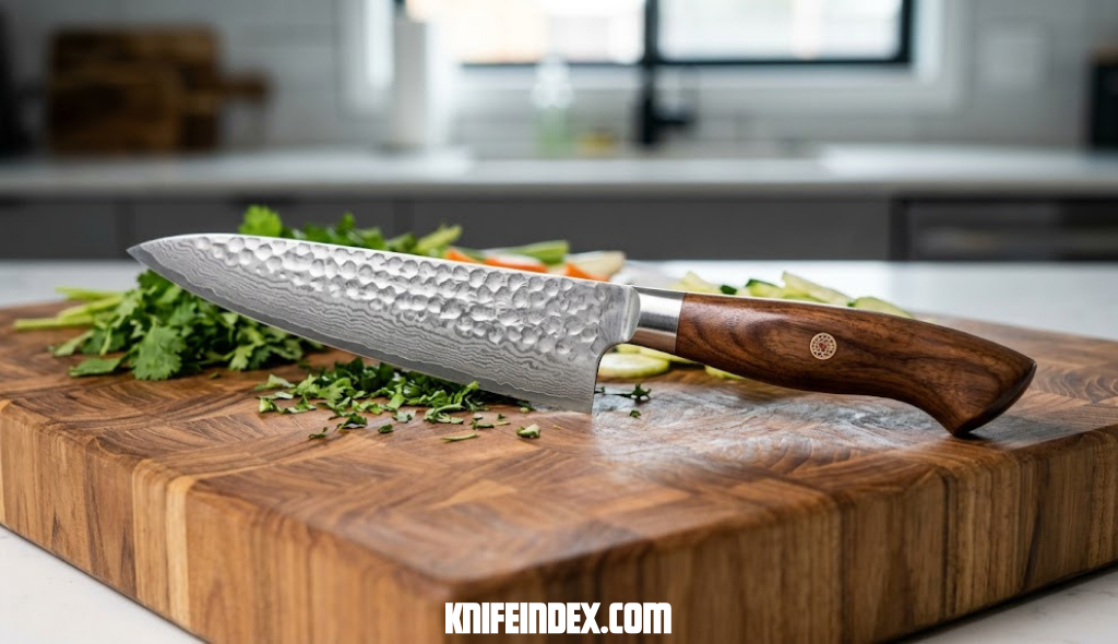 Modern Japanese chef knife with wooden handle resting on a cutting board